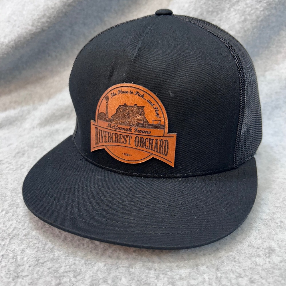 Rivercrest Orchard Mens Black Yupoong Hat Leather Patch Snapback Trucker OSFM